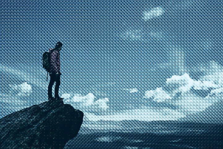 Dinasset.Greyscale Dither. Man on Rock Ocean.jpg